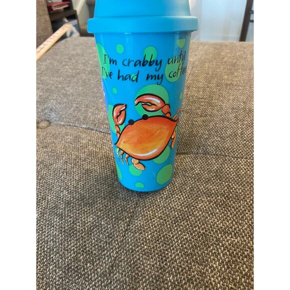 CAPE SHORE new travel mug plastic printed front Crabby patty coffee 8" tall blue - Picture 9 of 9